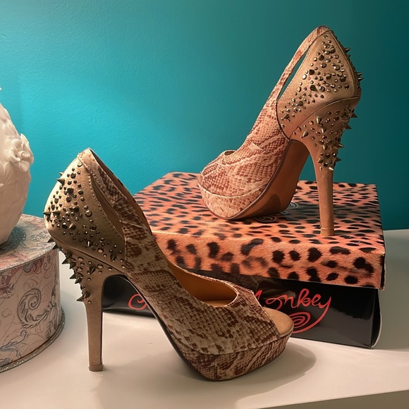 Naughty Monkey's Multi-Color Glam Dandy Spiked Heels in Beige Snake-print. - Picture 3 of 10